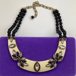 💛 Heidi Daus Black Onyx Beaded Statement Necklace | Cream Enamel Crystal | Glam